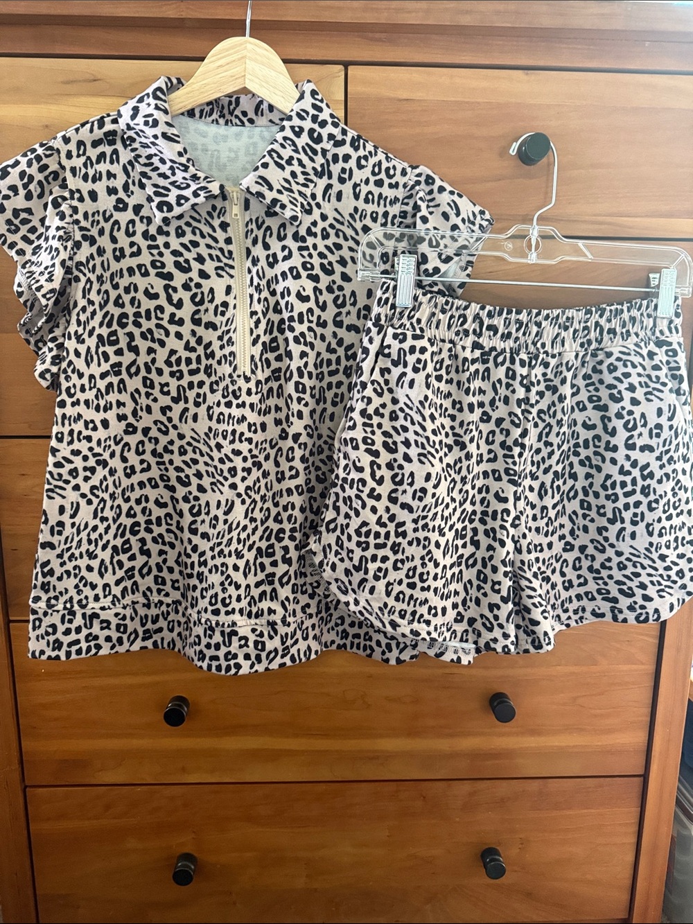 Leopard Print Polo & Shorts Lounge Set - Beige/Blush  & Black Size S